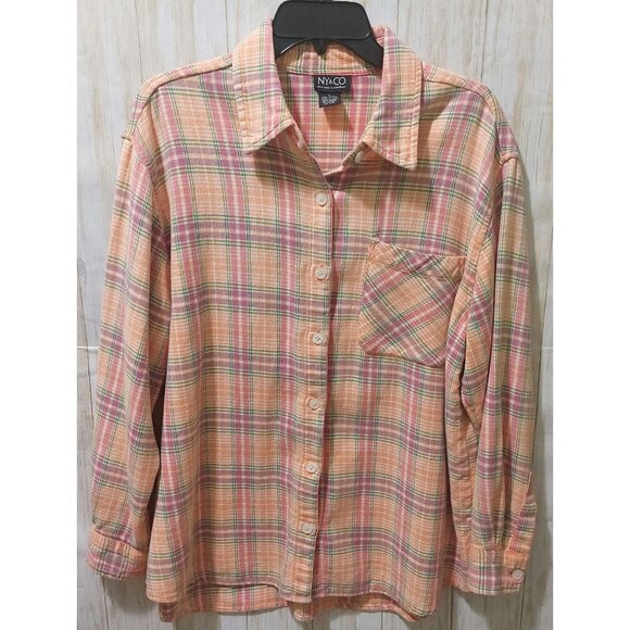 NY & Co Womens Plaid Button-Down Shirt Large 100% Cotton Peach/Pink/Green - Picture 5 of 12